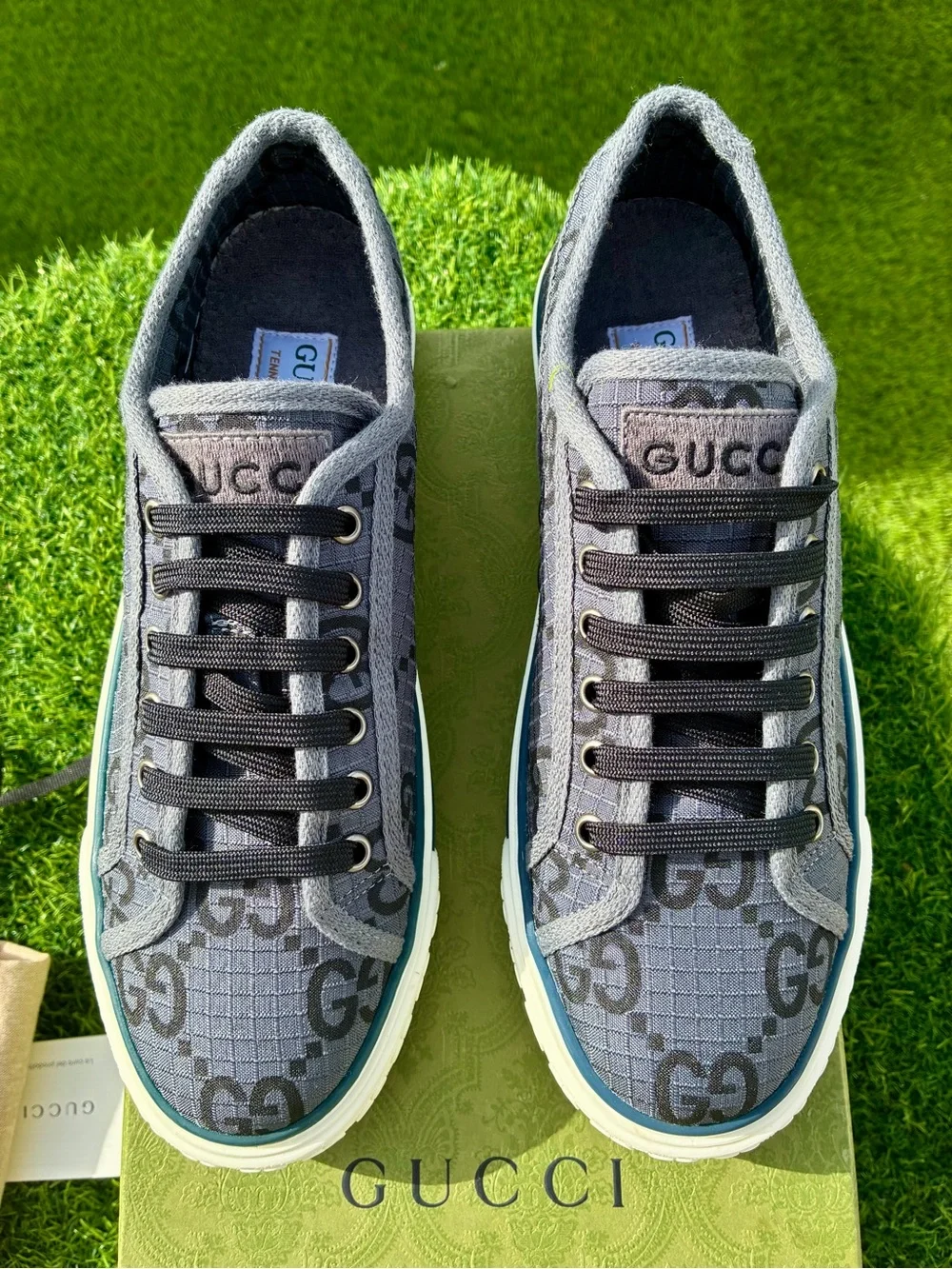 GUCCI TENNIS 1977 GREY BLACK GG SUPREME NEW MONOGRAM SNEAKERS SZ G8 EU 42 NEW!